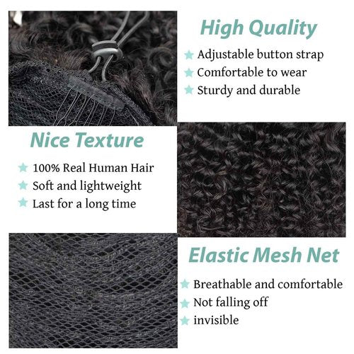 SPIKFN Ponytail Extension Human Hair Curly Ponytail Extension for Black Women 8 Inch #1B Natural Black Short Afro Puffs Hair Buns Drawstring Ponytail Human Hair