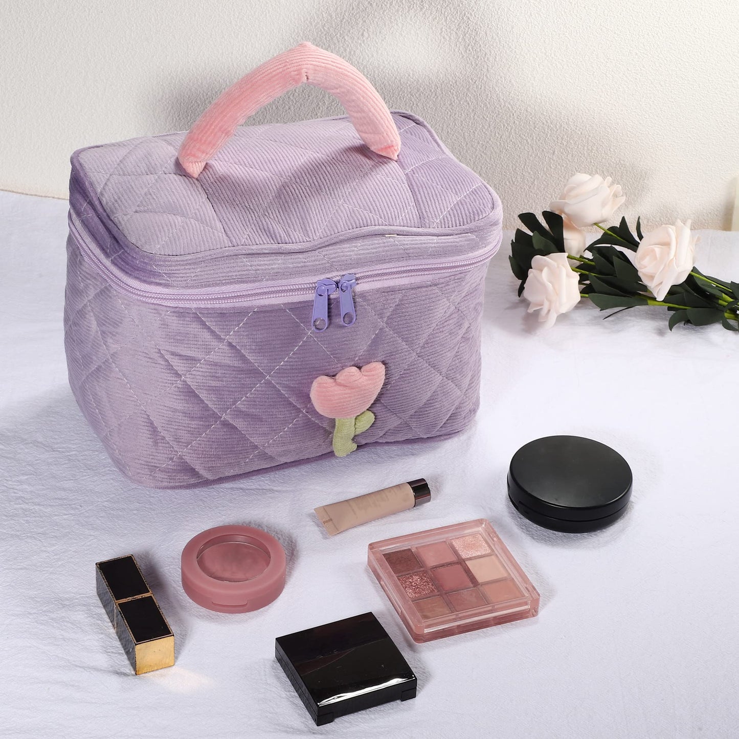 VOCOSTE Corduroy Makeup Bag, Large Travel Cosmetic Bag Quilted Toiletry Bag Aesthetic Cute Tulip Flower Pattern Makeup Bag for Women, Purple