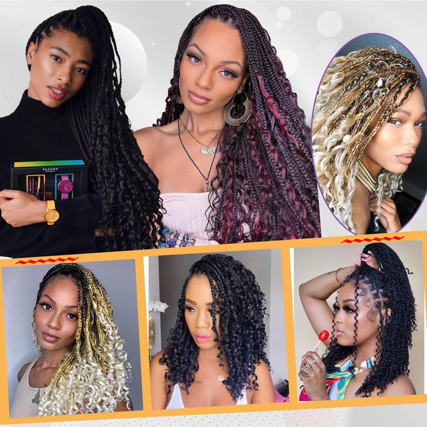 Beverlee 10 Inch 8 Packs Boho Box Braids Goddess Box Braids Crochet Hair Bohemian Hippie Braids Braiding Hair Box Braids with Curly Ends Messy Pre-looped Synthetic Crochet Hair for Black Women T27#