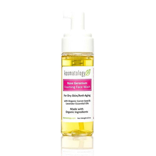 kosmatology Rose Geranium Face Wash | Smooths Skin | Reduces Fine Lines, Wrinkles & Puffiness | Gentle Foaming Cleanser with Natural Ingredients for Youthful Skin | 6 oz