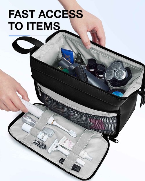 BAGSMART Toiletry Bag for Men, Wide Opening Dopp Kit Water Resistant Shaving Hygiene Organizer for Bathroom, Travel Essentials, Black