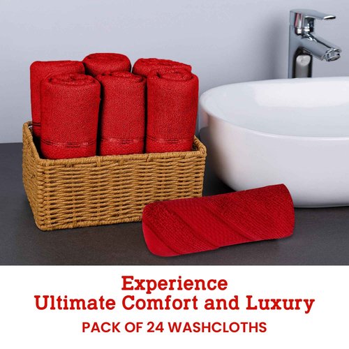 Casa Lino Face Towels & Body Wash Cloths for Showering - 100% Cotton Wash Cloths for Bathroom - Highly Absorbent & Quick Drying Washcloth Set - Cotton Washcloths 24 Pack (12" x 12") - (Red)