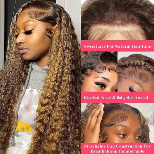 Habiliana Human Hair Wig 200% Density HD Highlight P4/30 Deep Wave Lace Front Wigs Human Hair Real Full Large Lace 13X6 Lace Front Wigs Pre Plucked for Black Women