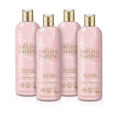 Baylis & Harding Liquid Body Wash Soap, Elements, Pink Blossom & Lotus Flower, 16.9oz/500ml (4-Pack)