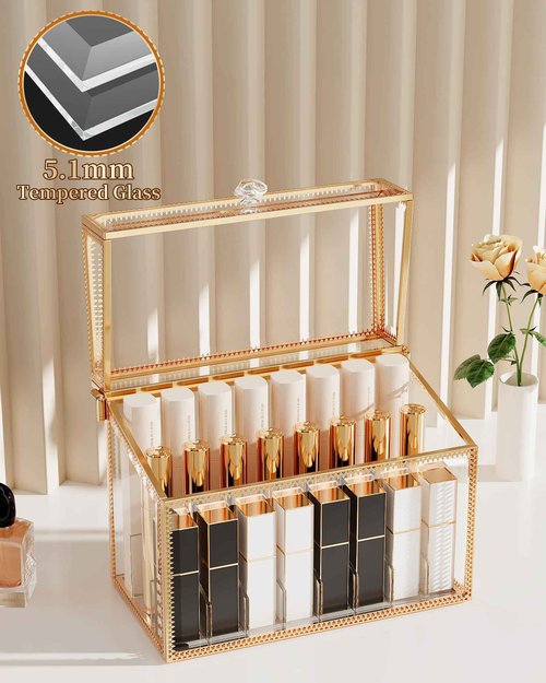 Youdepot Lipstick Organizer Holder - 24 Spaces, Tempered Glass Lip Gloss and Perfume Organizer,Vanity Lipstick Holder and Organizer.