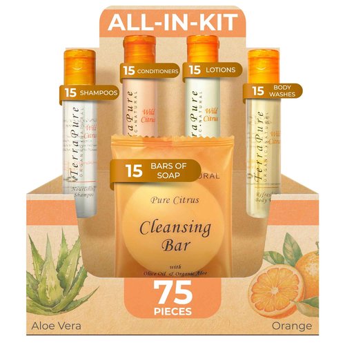 Terra Pure Wild Citrus Toiletries Set | 1-Shoppe Amenities Kit | 1oz Shampoo, Conditioner, Body Wash, Lotion, 1oz Bar Soap | 75 Pieces