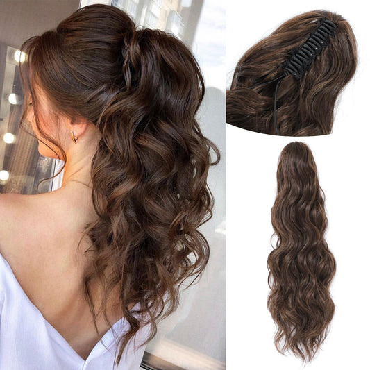 MORICA Ponytail Claw Clip Hair Extension 24" Chestnut Brown Pony Tail Chestnut Brown Drawstring Curly Wavy Hairpiece（24Inch，4#）