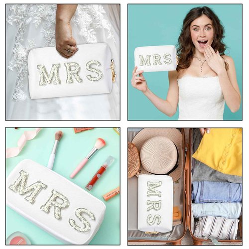Bride Makeup Bag, Bride Patch MRS Cosmetic Bag, Pearl Rhinestone Letter Toiletry Bag, Wedding Bag, Portable PU Leather Waterproof Zipper Pouch, Bride Gift, Bridal Shower Gift, Engagement Gift