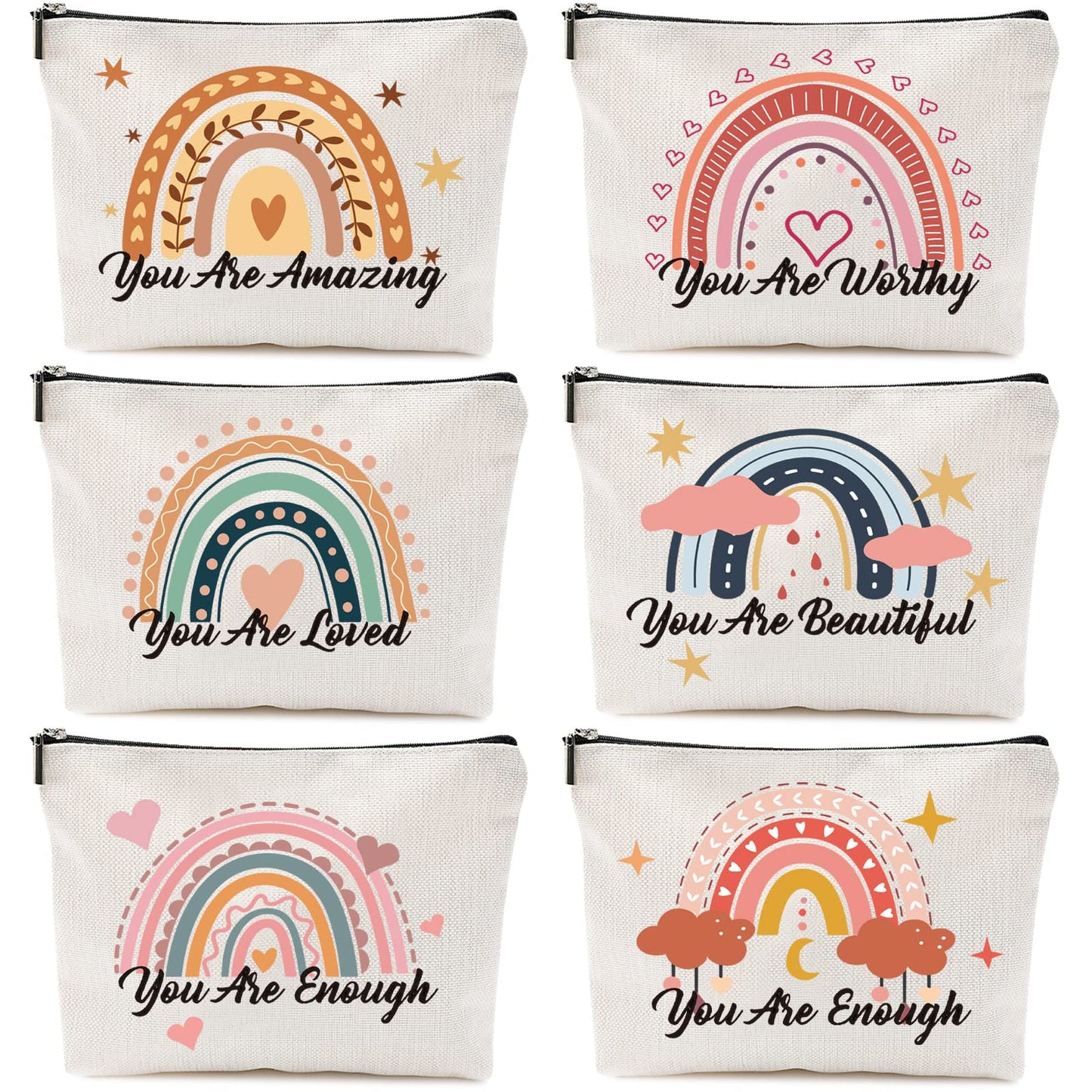 Chengu 6 Pcs Big Canvas Rainbow Heart Cosmetic Bags, 10 x 7.5 inch Inspirational Gifts for Women Motivational Quotes Makeup Bag for Women Girls Birthday Friend Teacher Graduation Gift (Sweet)