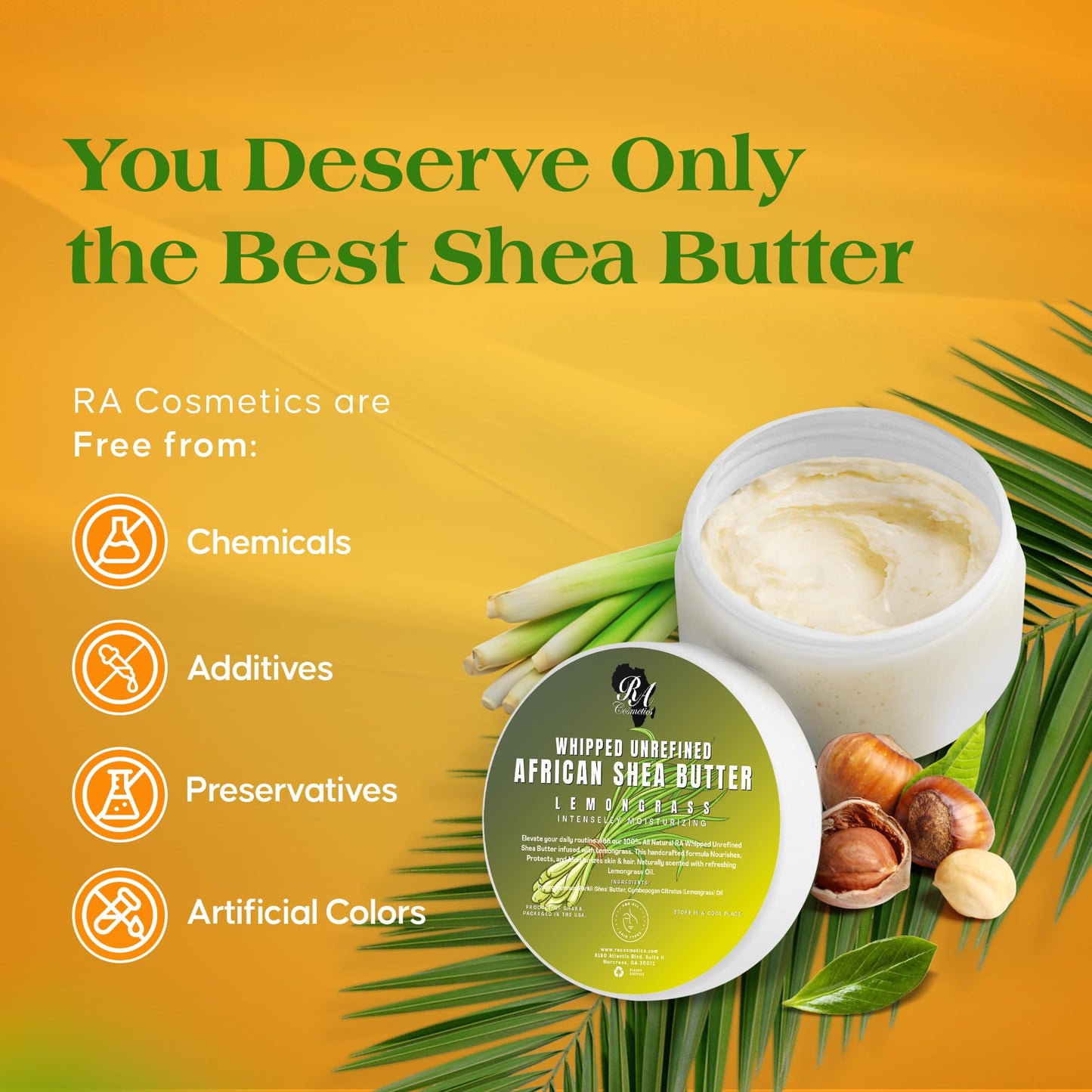 RA COSMETICS Whipped Shea Butter Lemongrass - 100% Pure and Natural African Shea Butter - Ultimate Handcrafted Moisturizer with Essential Vitamins for Radiant Skin and Luscious Hair - 6oz Jar