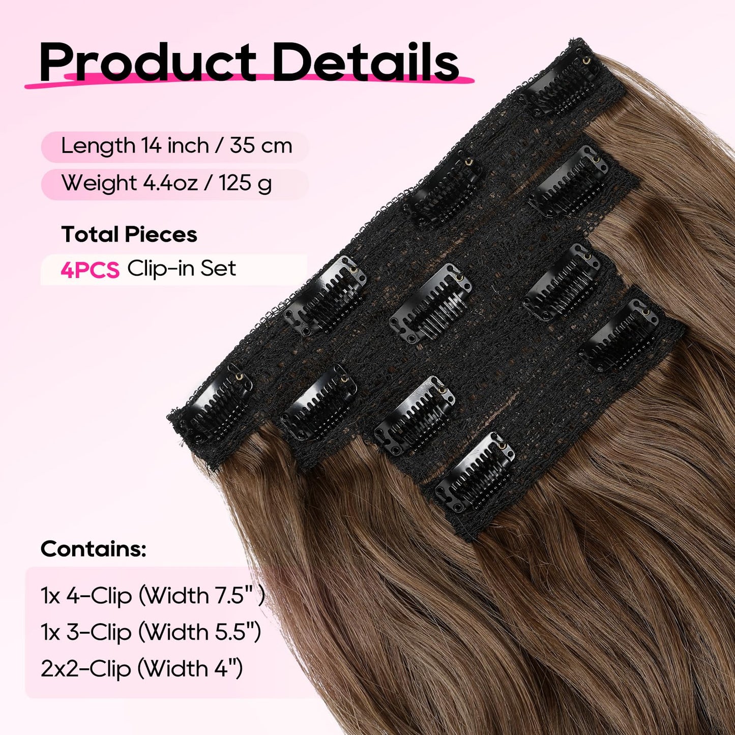 REECHO Hair Extensions, 4PCS Clip in Hair Extensions 14" Short Beach Wavy Hair Extensions Invisible Lace Weft Natural Soft Hairpieces for Women – Ginger Brown