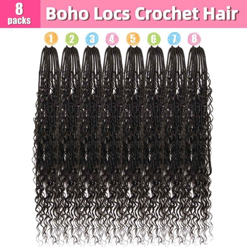 Soft Boho Locs Crochet Hair for Black Women-30 Inch 8 Packs Goddess Faux Locs Crochet Human Hair Feeling Pre Looped with Curly Ends(1B, 30 Inch(Pack of 8))