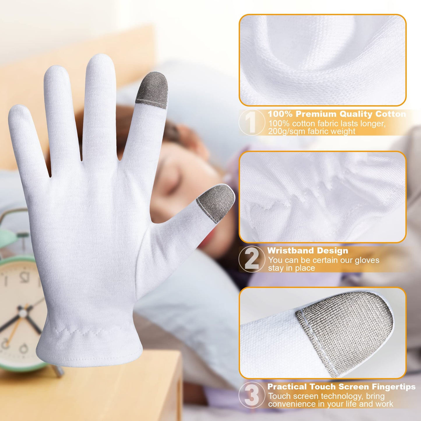 MNOPQ 100% Cotton Moisturizing Gloves 4 Pairs, Touch Screen White Cotton Gloves for Dry Hands, Eczema, Sleeping, Overnight, Lotion & Spa Treatment with Wristband and Washing Bag, Medium