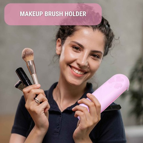Eco-Fused Travel Makeup Brush Holder with Zipper, 2 Pack, Silicon Trendy and Portable Cosmetic Face Brushes Holder, Soft and Sleek Makeup Tools Organizer for Travel (Pink & Black)