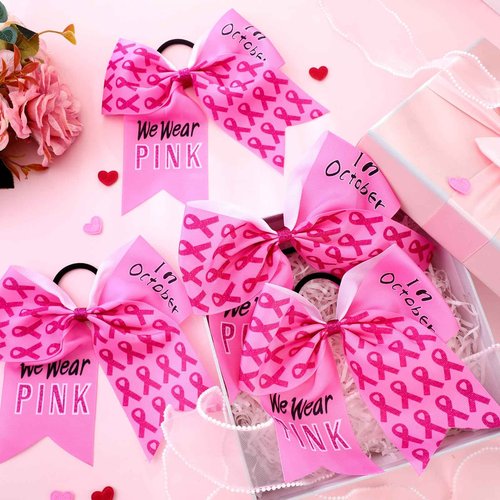 Suncalla 48 Pcs 7 Inches Breast Cancer Awareness Cheer Hair Bows Large Pink Ribbon Bow Scrunchie Glitter Hair Accessories Breast Cancer Awareness Decoration Elastic Scrunchie Band for Women