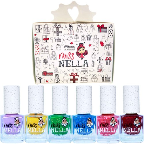MISS NELLA Christmas Glitters Special Glitter Kids Nail Polish 6 Pack: Sugar Hugs, Jazzberry Jam, Under The Sea, Kiss The frog, Honey Twinkles & Butterfly Wings Peel-off Water Based Formula