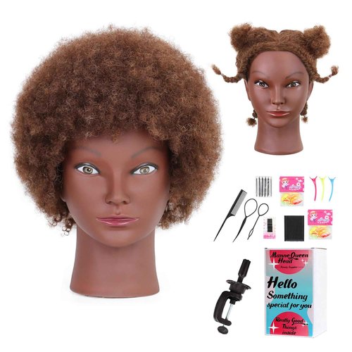 Afro Curly Mannequin Head with 100% Human Hair 10'' Cosmetology Manikin Doll Head for Hairdresser Braiding Practice Hairstyling with Free Clamp Holder-Brown