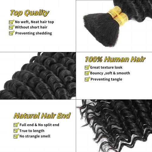 Curly Human Braiding Hair for Boho Braids Bohemian Deep Wave Bulk 100% Human Hair for Micro Braiding Hair Wet Wavy Boho Knotless Braids Hair No Weft 2 Bundles 20 Inch