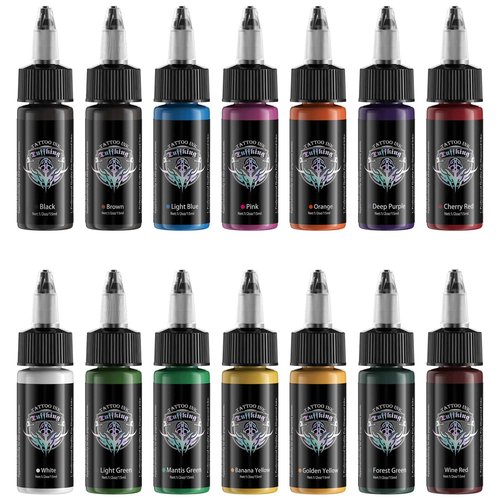 Tuffking Tattoo Ink Set 1/2 oz Pigment Tatoo Ink Professional Tattoo Ink Color Set 14 Colors(14 Colors 15ml)