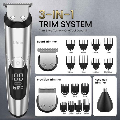 Ufree 3-in-1 Beard Trimmer Kit, Men's Electric Shaver Razor for Mustache Body Nose Facial Hair, Professional Hair Trimmer, Rechargeable Clippers, Waterproof Beard Grooming, Birthday Gifts for Men