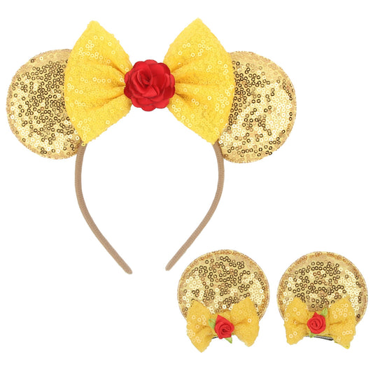 zhezesmila Yellow Beauty Mouse Ears Headband for Women, Princess Headband for Girls, Mouse Ears Clips & Belle Ears for Kids, Adult, Hair Accessories for Party, Amusement Park, Birthday