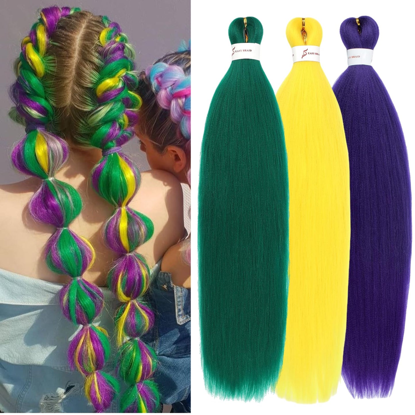 Menethe Hair Braiding Hair Pre Stretched 24 inch Colored Prestretched Braiding Hair Natural as Human Braiding Hair Extensions Crochet Hair Synthetic Crochet Braids(24Inch,Green/Purple/Yellow#).