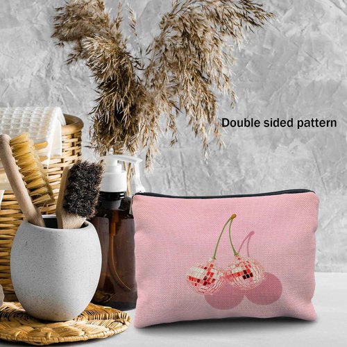 Likjad Cherry Makeup Bag - Preppy Hot Pink Disco Ball Gift for Women, Teachers, Teen Girls, and Sisters