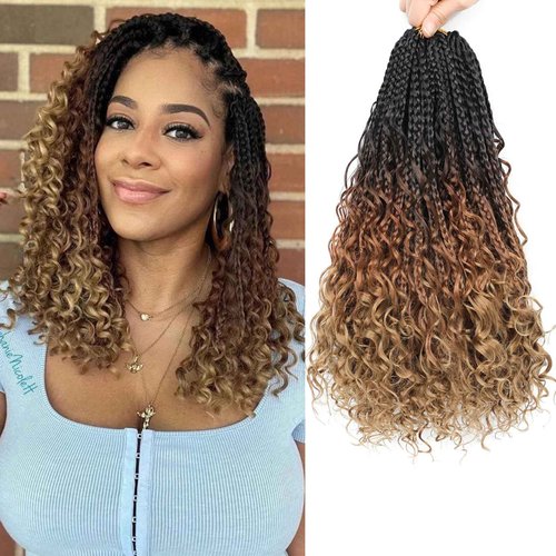 Flagship 9 Packs Goddess Box Braids Crochet Hair for Black Women,14 Inch Pre-looped Ombre 3Tone Crochet Braids with Curly Ends,Bohemian Hippie Box Braids Crochet Hair Curly Crochet Hair -1B/30/27