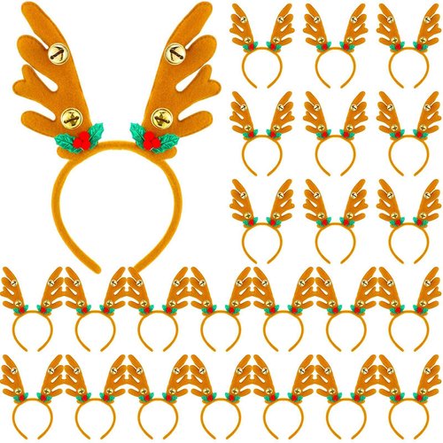 Riceshoot 24 Pcs Christmas Antler Headband Reindeer Headband Deer Plush Ear Antler Hair Hoop Beauty Accessory for Xmas Party(Golden Bell Style)