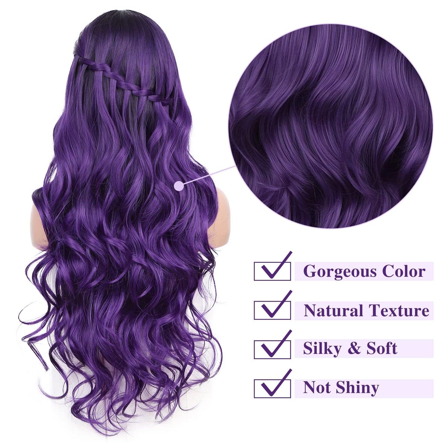 FAVE Ombre Wig Purple Wig Long Curly Wavy Wig Heat Resistant Synthetic Wig Dark Roots Puple Wigs for Women Daily Party Cosplay