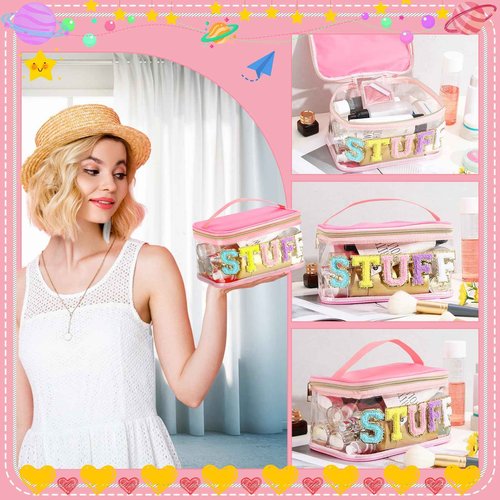 libfrnt Chenille Letter Clear Makeup Bags, Preppy Pink Stuff Bag Chenille Patch Makeup Bag Travel Cosmetic Bag with Handle Zipper Waterproof TPU Toiletries Organizer Pouch for Women Girl