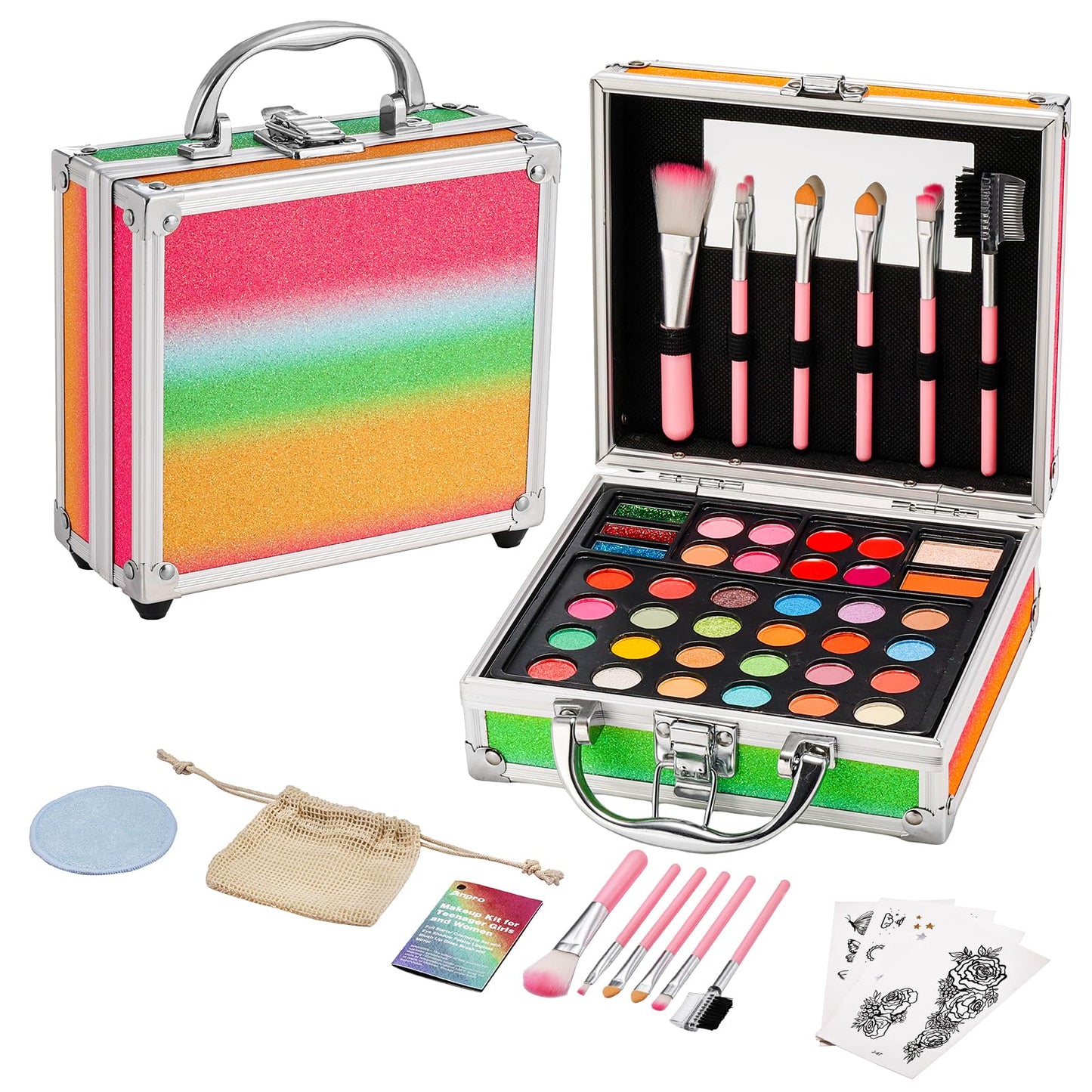 Anpro All-In-One Makeup Carry Case with Pro Teen Makeup Set, Full Starter Cosmetics Kit with Makeup Brushes, Eye Shadows Palette, Blushes, Glitter Gel, Temporary Tattoo Stickers