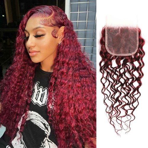 ALHER 4x4 HD Lace Closure Brazilian Human Hair 99j Dark Burgundy Water Wave, 12A Cherry Red Wine Red Color 4x4 Lace Closure 100% Unprocessed Remy Hair Wet n Wavy Free Part & Bleached Knots 12 Inch