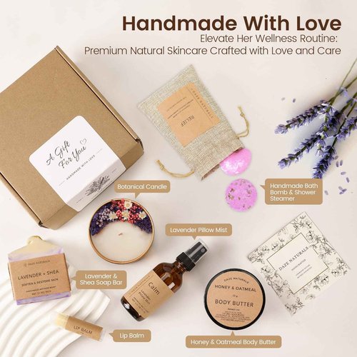 Daze Naturals Bath Gift Set, Spa Gifts for Women, Self Care Products for Women, Lavender & Cream Soap Bar, Calm Pillow Mist, Bath Bomb & Shower Steamer, Body Butter and Lip Balm
