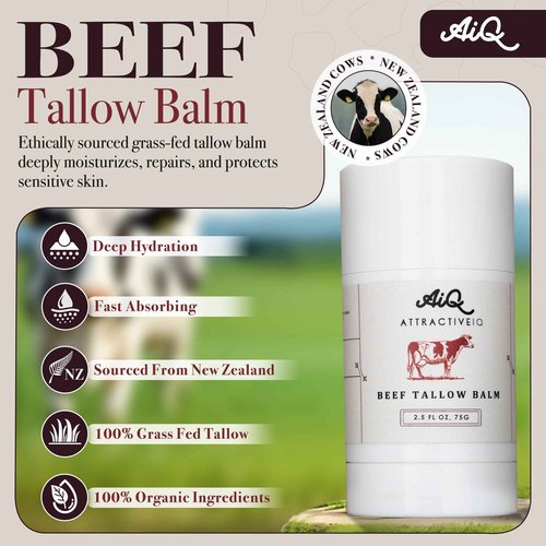 New Zealand Grass Fed Ethically-Sourced Beef Tallow for Skin– Stick with Vitamin E, Raw Honey, Olive Oil – Premium Ingredients & Cruelty-Free Tallow Face Moisturizer, Longevity & Firming - 75g