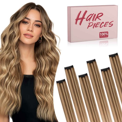 TESS Clip in Hair Extensions Human Hair with Single Clip Lace Weft Straight Highlight Add Volume 6 Pcs 6 Clips, 14 Inch, Chocolate Brown Mixed Light Brown