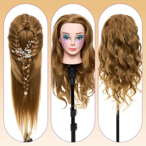 Mannequin Head with 80% Real Human Hair with Tripod Stand - 28" Makeup Cosmetology Manikin Doll Head for Hair Styling, Hairdressing Training Head for Braiding Practice Suitable for Hair Extensions