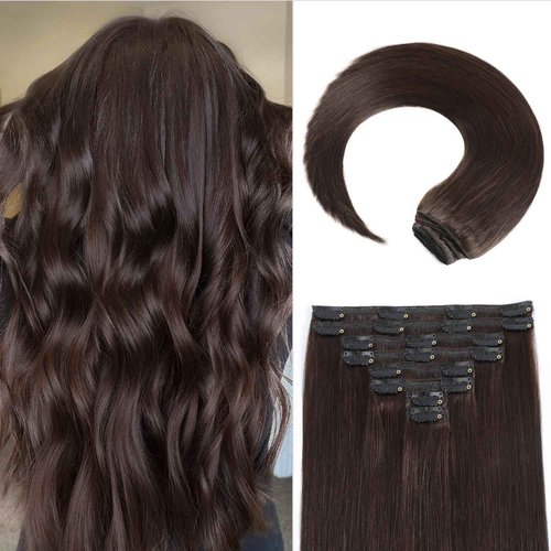 MEYOFUN Dark Brown Clip in Hair Extensions, 2 Dark Brown Hair Extensions Real Human Hair, Invisible Seamless Remy Human Hair Clip Extensions for Women 8pcs Per Set with Double Weft 20 Inch 105g