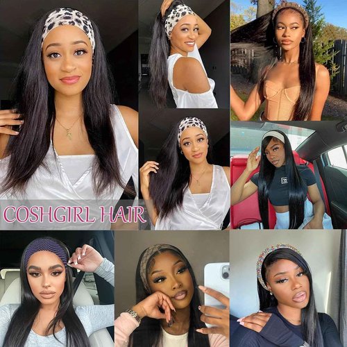 Headband Wig Human Hair Straight Headband Wigs for Black Women Glueless None Lace Front Human Hair Half Wig Brazilian Virgin Hair Machine Made Wigs Natural Color 150% Density 12 Inch