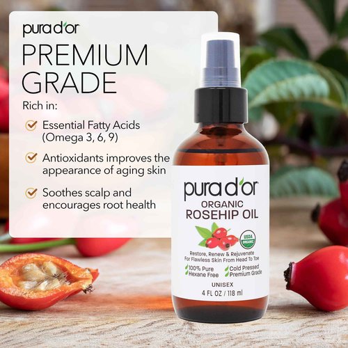 PURA D'OR ORGANIC Rosehip Seed Oil Hair Relaxer (4 Oz x3 = 12 Oz) 100% Pure Cold Pressed USDA Certified All Natural Anti-Aging, Scar Treatment, Gua Sha Massage, Face, Hair & Skin - Women & Men