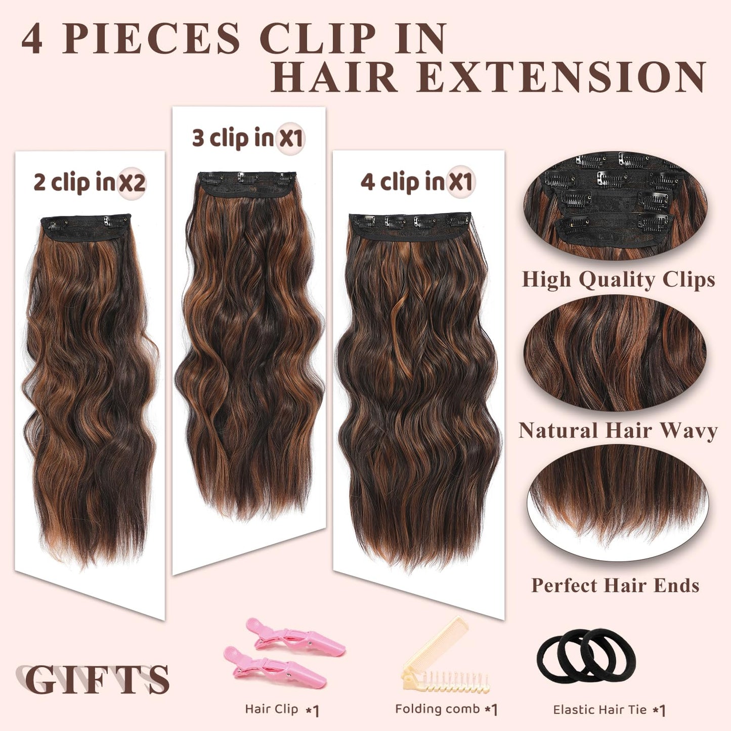 NAYOO Clip in Curly Hair Extensions 4PCS Long Wavy Synthetic Thick Hairpieces with Fiber Double Weft for Women Hair Full Head (20 Inch, Auburn Mix Chestnut)