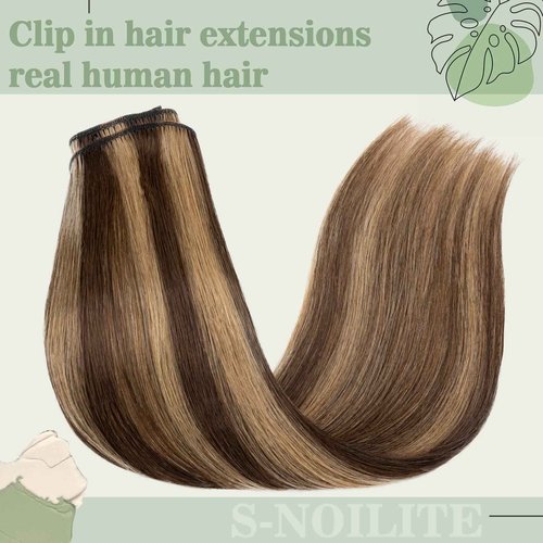 S-noilite Clip in Hair Extensions Human Hair Balayage Standard Weft Short Blonde Hair 100% Real Human Hair 8 Pieces 18 Clips Straight 10"-75g (#4/27 Medium Brown/Dark Blonde)