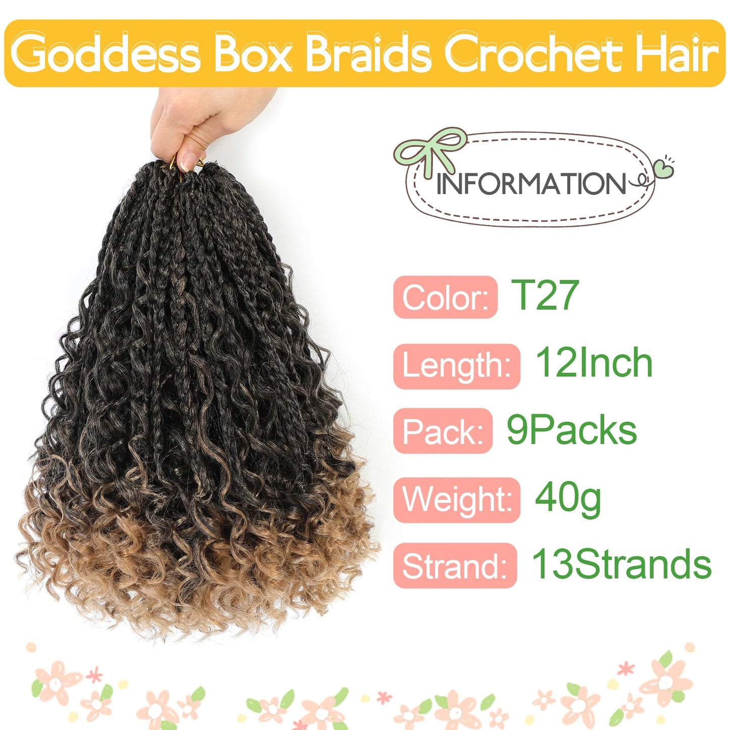 Fulcrum Goddess Box Braids Crochet Hair 12 Inch, 9 Packs Box Braids Crochet Hair for Women, Crochet Braids with Curly Ends (12Inch, T27#)