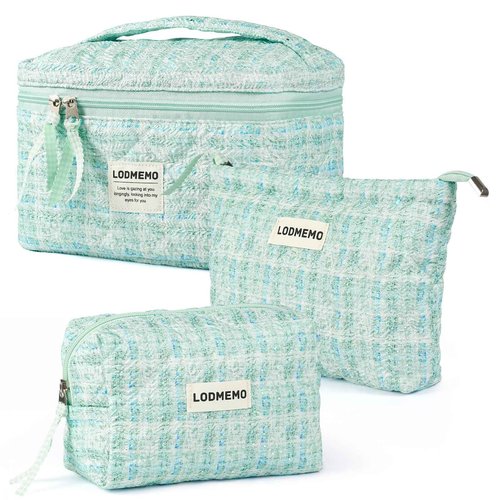 Lodmemo Makeup Bag 3 PCS Quilted Cosmetic Bags for Women, Large Travel Make up Bag Set Cute Cotton Toiletry Bag Organizer Pouch for Purse, Green