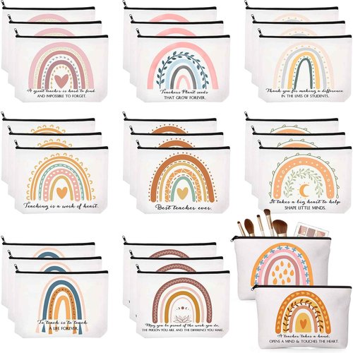 Coume 30 Pcs Teacher Appreciation Gifts for Women Bulk Inspirational Gifts Christmas Rainbow Canvas Makeup Bags Cosmetic Bag Thank You Favors for Holiday Women Teacher, 10 Styles(Elegant)
