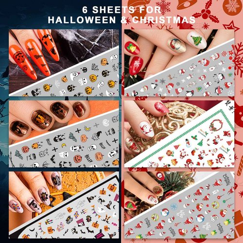 Whaline 18 Sheets Fall Nail Art Stickers All Holiday Nail Decals All Season Halloween Christmas Winter Valentine 4th of July Self-Adhesive Nail Decals for Xmas DIY Manicure Party Decor