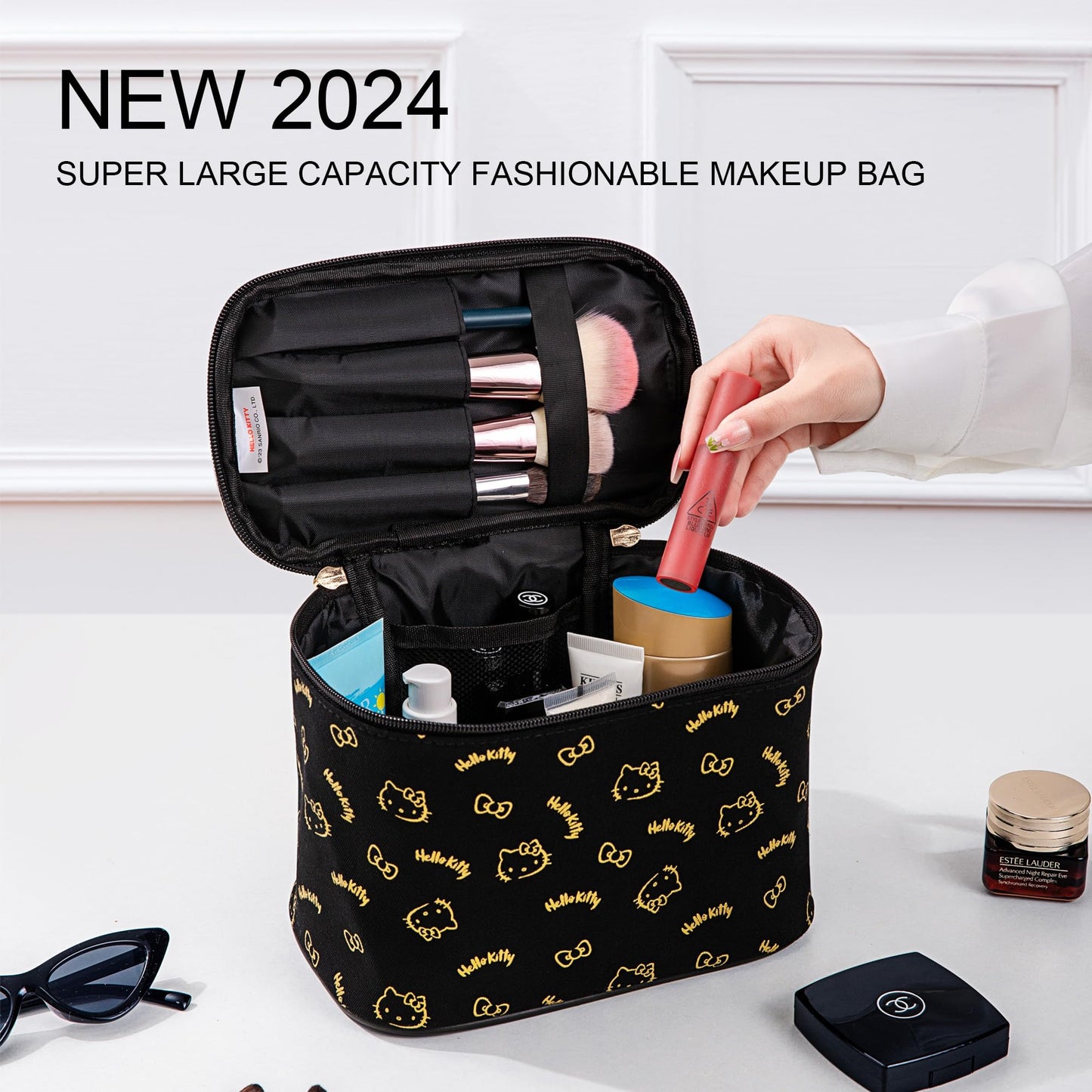 BeautyTimes Large Makeup Bag Travel Cosmetic Bags with Handle Storage Bag Brush Zipper Case Organizer for Women (Black-A)