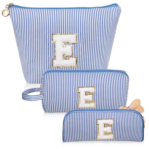Junesters Initials Makeup Bag Set, Personalized Blue Cosmetic Bag, Cute Large Make up Bags, Travel Toiletry Bag for Women Girl Gifts E (Blue)