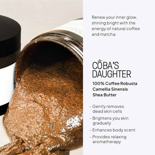 COBA'S DAUGHTER Robusta Coffee Body Scrub| Exfoliating for Cellulite and Stretch Marks, KP Bump Eraser, Strawberry Legs, Underarm | Matcha & Shea Butter | Safe for pregnancy | Vegan Beauty (10.6 Oz)