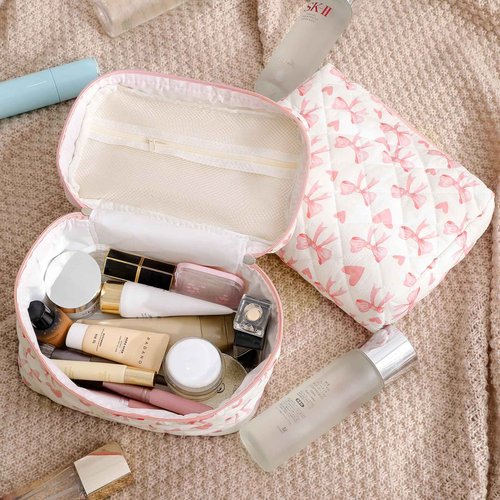RSRSLEII 3Pcs Large Cotton Quilted Makeup Bag Set, Cute Coquette Floral Cotton Cosmetic Bag with Bows, Aesthetic Travel Organized Toiletry Bags for Women Girls（01White Pink）